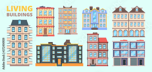 Building facade. Living houses villas urban exterior home downtown vector landscape. City architecture exterior, facade street illustration