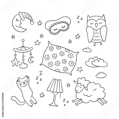 Sleep set in doodle style. Good night symbols - moon, lamp, sleeping cat, pillow and more. Hand drawn vector illustration on white background