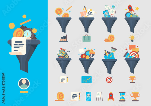 Funnel generation sales. Business generative models consumer identified commerce products vector symbols of funnel. Conversion marketing generation, customer and lead illustration