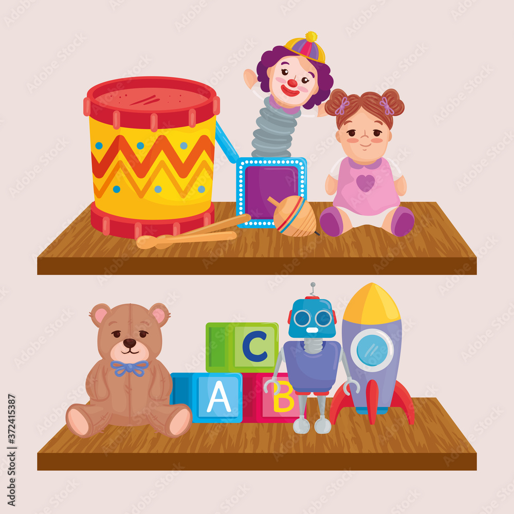 cute kids toys in wooden shelving vector illustration design