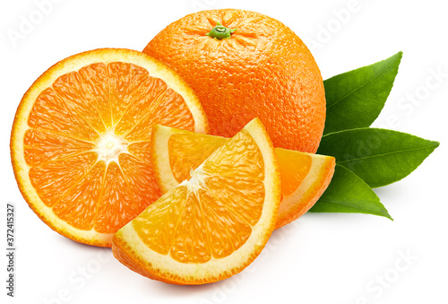 Whole orange and half and slices with leaf isolated on white background. Orange with clipping path.