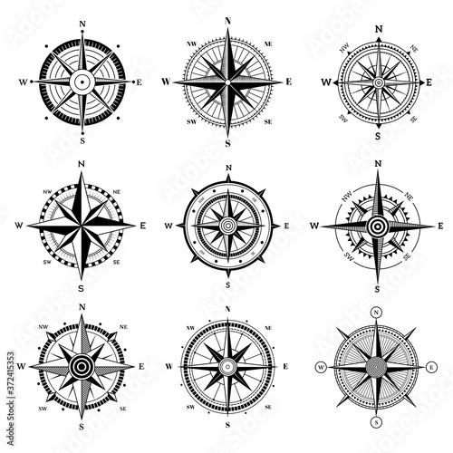 Wind rose set. Travel adventure sailing nautical rose destination directional arrows vector navigation symbols for old map. Illustration travel compass wind rose