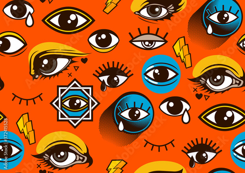 Eyes Seamless pattern, Minimal geometric background for for fashion clothes and Comic style, vector illustration.