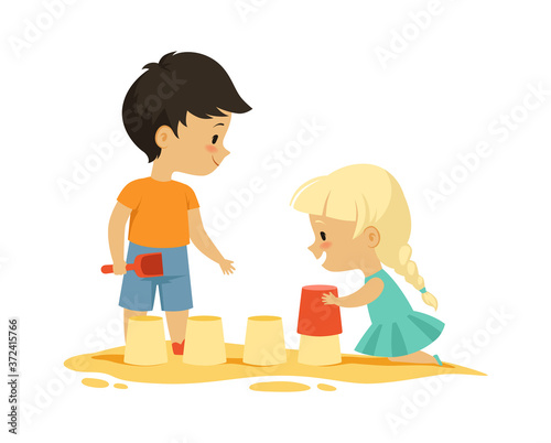 Boy girl in sandbox. Outdoor activity, isolated cartoon kids playing. Happy childhood, kindergarten vector illustration. Sandbox in kindergarten, play childhood outdoor