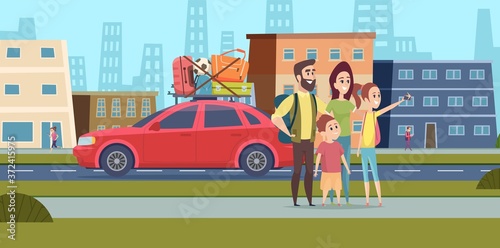Family go to road trip. Happy mom dad and children making selfie on city street. Travel together on car vector illustration. Trip road family, holiday travel and journey