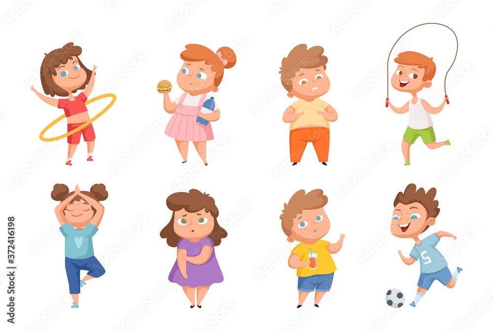 Overweight vs sporty children. Confused fat kids, happy thin boys girls. Healthy and unhealthy lifestyle vector characters. Overweight body and fitness sporty character illustration Overweight vs sporty children. Confused fat kids, happy thin boys girls. Healthy and unhealthy lifestyle vector characters. Overweight body and fitness sporty character illustration