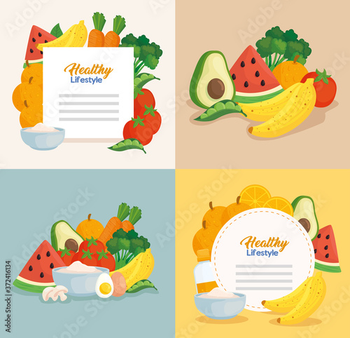 banners healthy lifestyle, vegetables and fruits, concept healthy food vector illustration design