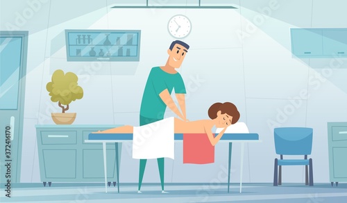 Massage room. Nurse works with patient. Medical rehabilitation of athletes, muscle warming. Girl on couch in doctor office vector illustration. Massage treatment room, patient and therapist