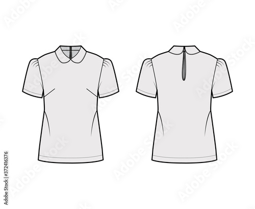 Peter Pan collar blouse technical fashion illustration with short sleeves, relaxed body, button-fastening keyhole at back. Flat apparel top template front, back grey color. Women men unisex shirt CAD