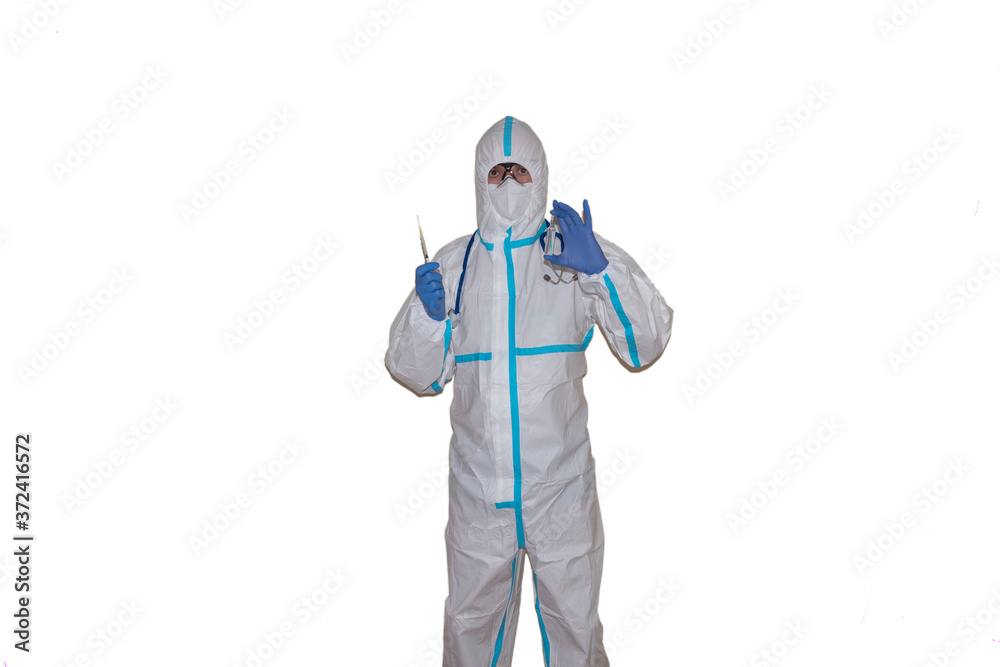 man doctor with safety clothing disinfection and fight coronavirus. background white. man doctor with safety clothing disinfection and fight coronavirus. background white.