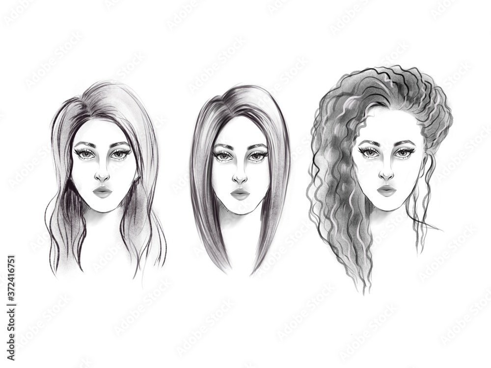 Three girls with different hairstyles. Black and white sketch. Three girls with different hairstyles. Black and white sketch.