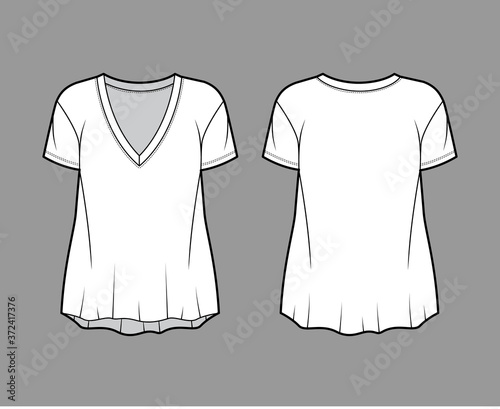 Boyfriend slub cotton-jersey T-shirt technical fashion illustration with plunging V-neckline, short sleeves, relaxed silhouette. Flat outwear apparel template front back white color. Women men unisex