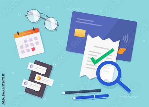 Audit payment of invoice bill verify vector, tax financial research, success fraud evaluation check mark, valid transaction pay audition receipt flat style illustration, authorized money transfer