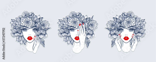 Set beautiful stickers, woman with floral headdress, beauty salon logo, wedding, anniversary. Hand drawn beautiful young woman in flower wreath. Design for banner, poster, card, invitation.