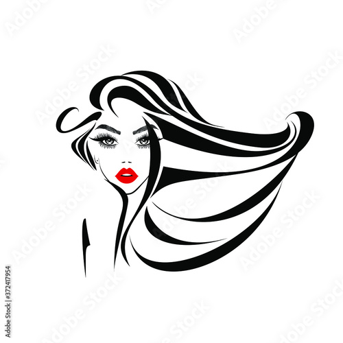 Beautiful sexy face, red lips, fashion woman, element design, curly hairstyle, hair salon sign, icon. Beauty Logo. Vector illustration. Hand drawing style