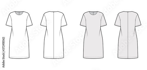 Oversized tunic technical fashion illustration with round neck, elbow sleeves, back zip fastening, below-the-knee length. Flat apparel blouse template front, back white grey color. Women men unisex