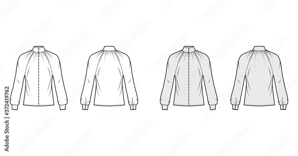 Shirred high-cut neck blouse technical fashion illustration with long sleeve with cuff, front button-fastening. Flat apparel shirt template front, back, white, grey color. Women, men unisex top mockup