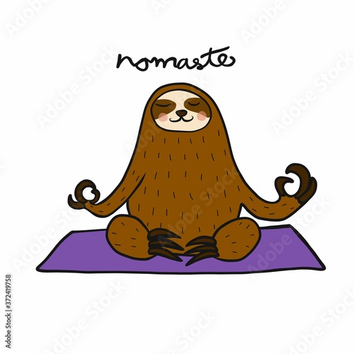 Sloth play yoga meditation namaste on yoga mat cartoon vector illustration