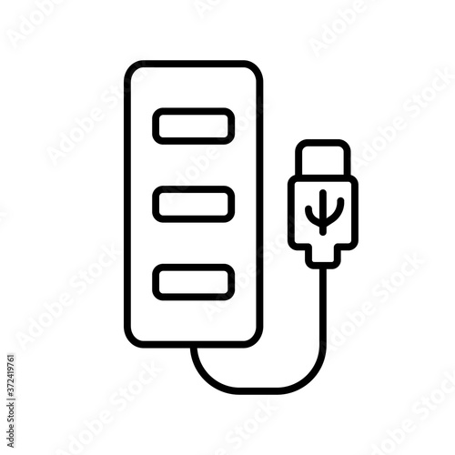 Usb hub icon. Linear logo of computer port. Black simple illustration of multiport adapter for connecting devices. Contour isolated vector pictogram on white background