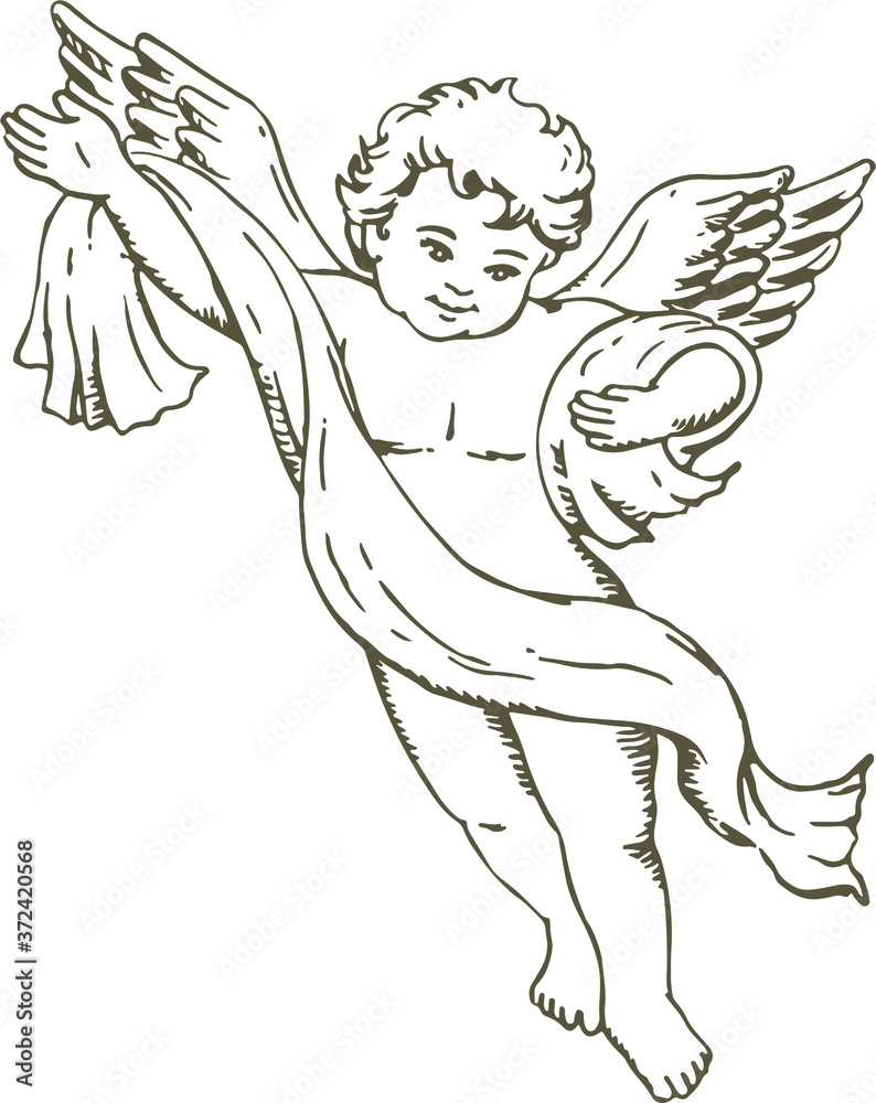 Hand drawn sketch of cute little angel. Vector illustration Stock ...