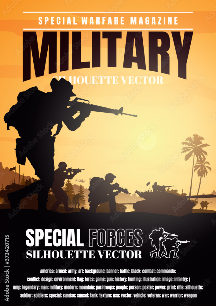 Military vector illustration, Army background, Book cover design. Stock