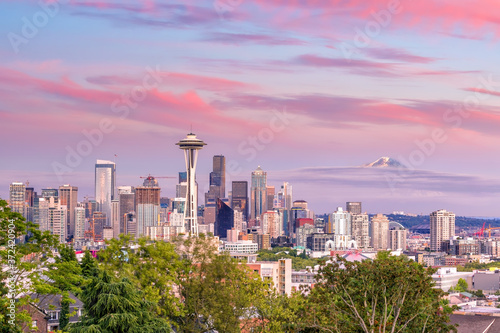 Seattle skyline panorama at sunset as seen from Kerry Park