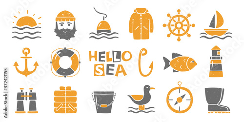 Cute set of sea and fishing icons isolated on transparent background. Handwritten text. Can be used for infographics or decoration. Vector shabby hand drawn illustration