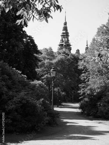 ruelle d'un parc à Stockholm en noir et blanc