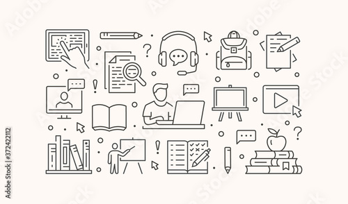 Online Education poster with line icons. Vector illustration for banner included icon as student, computer, books, teacher, laptop outline pictogram for home schooling, university trainig