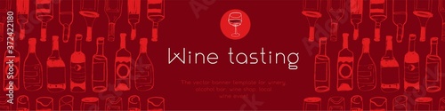 Panoramic banner template of wine tasting concept. Doodle bottles pattern with hand drawn Illustrations for wine shop, restaurant website banner. Local wine event — Organic Wines. Bar background.