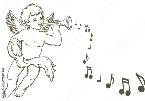 Hand drawn sketch of little angel playing music instrument, with music notes