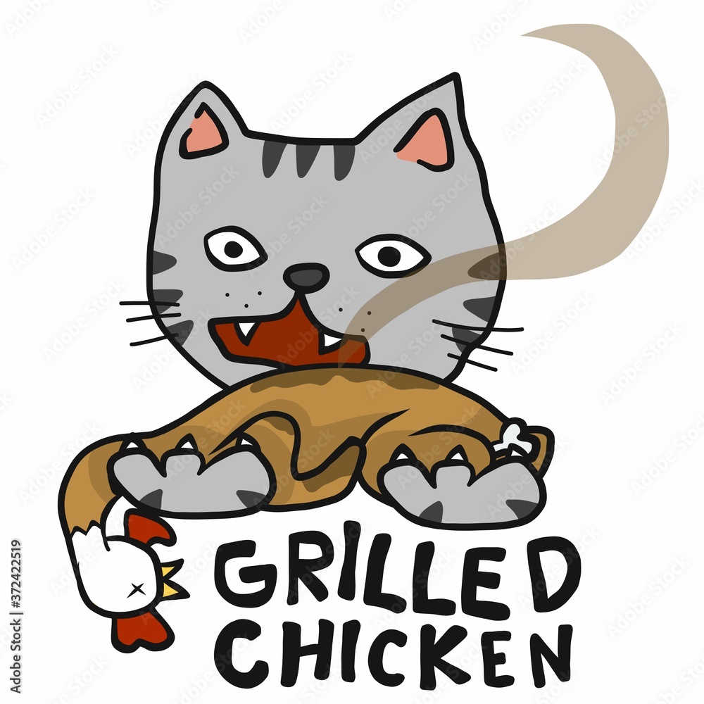 Naklejka premium Cat and chicken grilled cartoon vector illustration