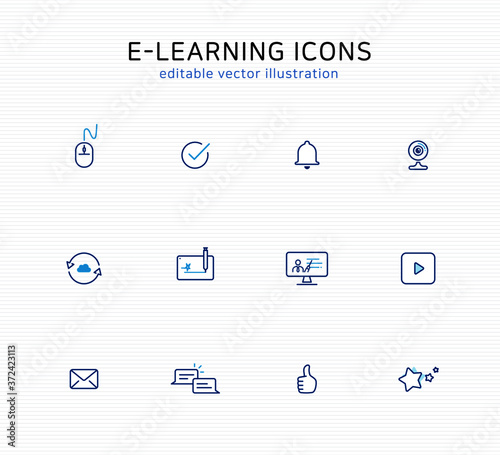 Online learning line icon set: editable vector illustration for web and app. education icons using for school, live virtual classroom, e-learning, online courses.