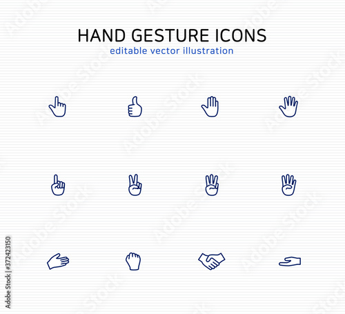 Hand gesture icon set illustration: editable line icons for web and app.  simple human finger snap include of pointing, greeting, victory, thumbs up, counting numbers, handshaking 