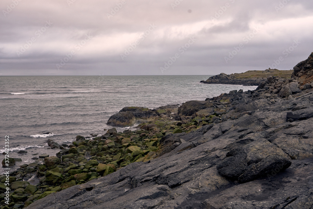 Beautiful rocky coastal landscape at Stokksnes beach in the east of the island of Iceland