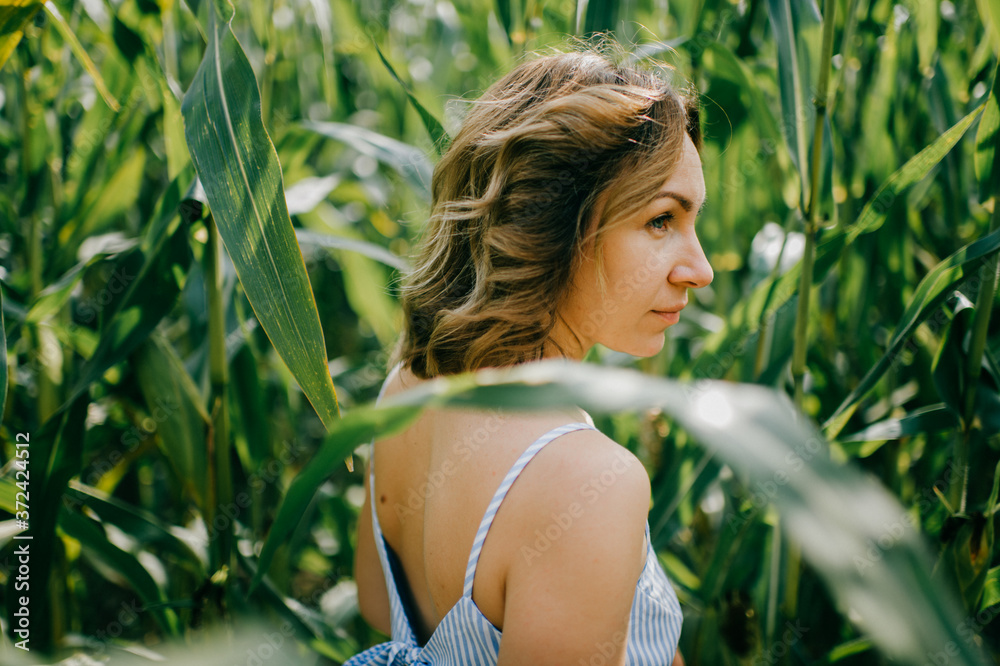 Picture of charming young caucasian woman with short dark hair in light blue summer dress goes for a walk to cornfield in the village Picture of charming young caucasian woman with short dark hair in light blue summer dress goes for a walk to cornfield in the village