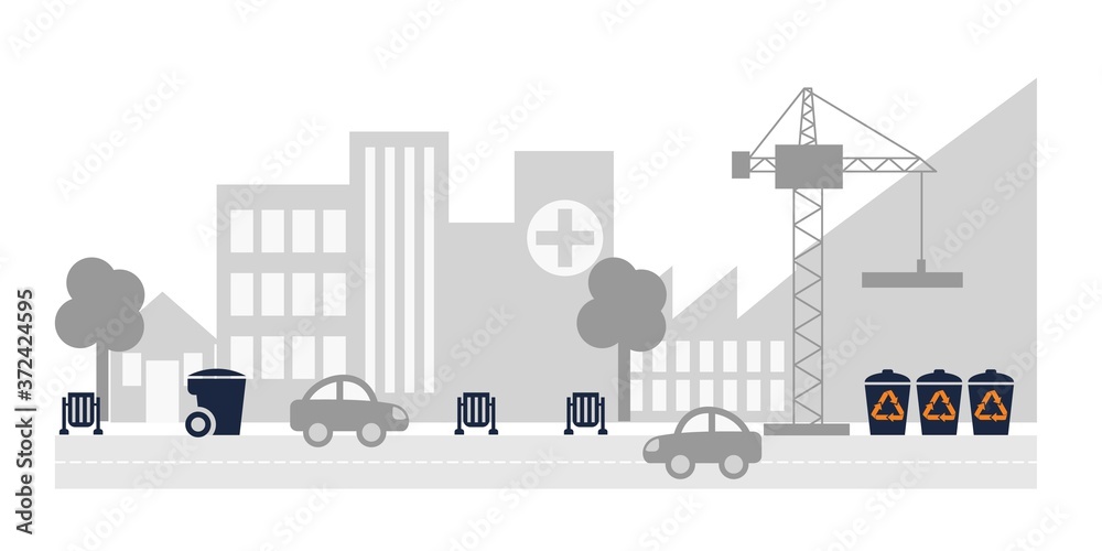 Different garbage containers on the background of the cityscape. Simple flat vector clipart of city street with road, buildings, construction crane, cars and trash cans Different garbage containers on the background of the cityscape. Simple flat vector clipart of city street with road, buildings, construction crane, cars and trash cans