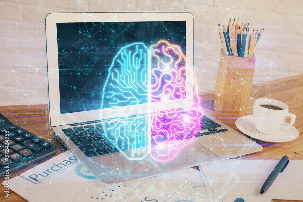 Double exposure of desktop with computer and brain drawing hologram. Artificial intelligence concept. Double exposure of desktop with computer and brain drawing hologram. Artificial intelligence concept.