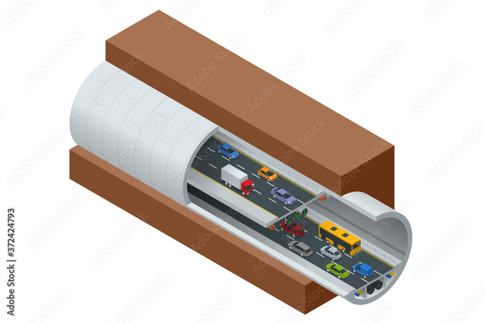 Isometric underground tunnel for vehicular road traffic. Car tunnel ...