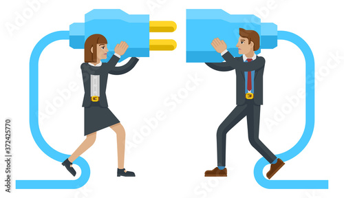 Business man and woman cartoon character mascots connecting two sides of a giant plug together.