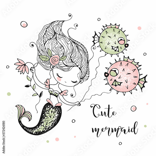 Cute little mermaid with funny fish-hedgehogs. Vector