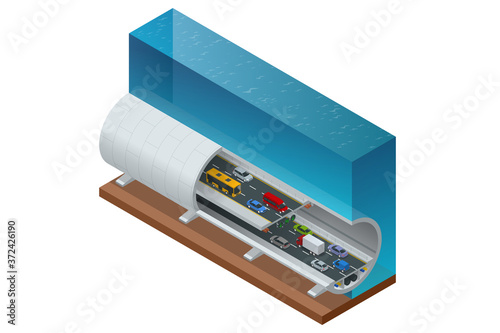 Isometric underwater tunnel for vehicular road traffic. Car tunnel under the mountain, Road tunnel.