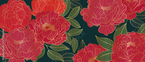 Luxurious line arts background design with peony flower spherical composition for wallpaper, textiles, paper and prints. Vintage vactor illustration.