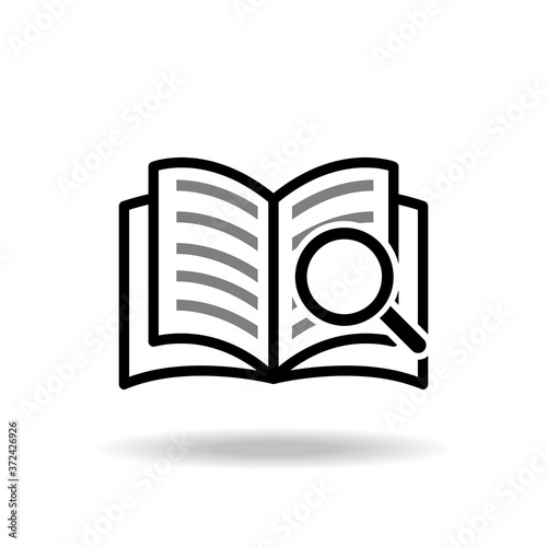 Book and magnifying glass isolated on white background. Document search concept