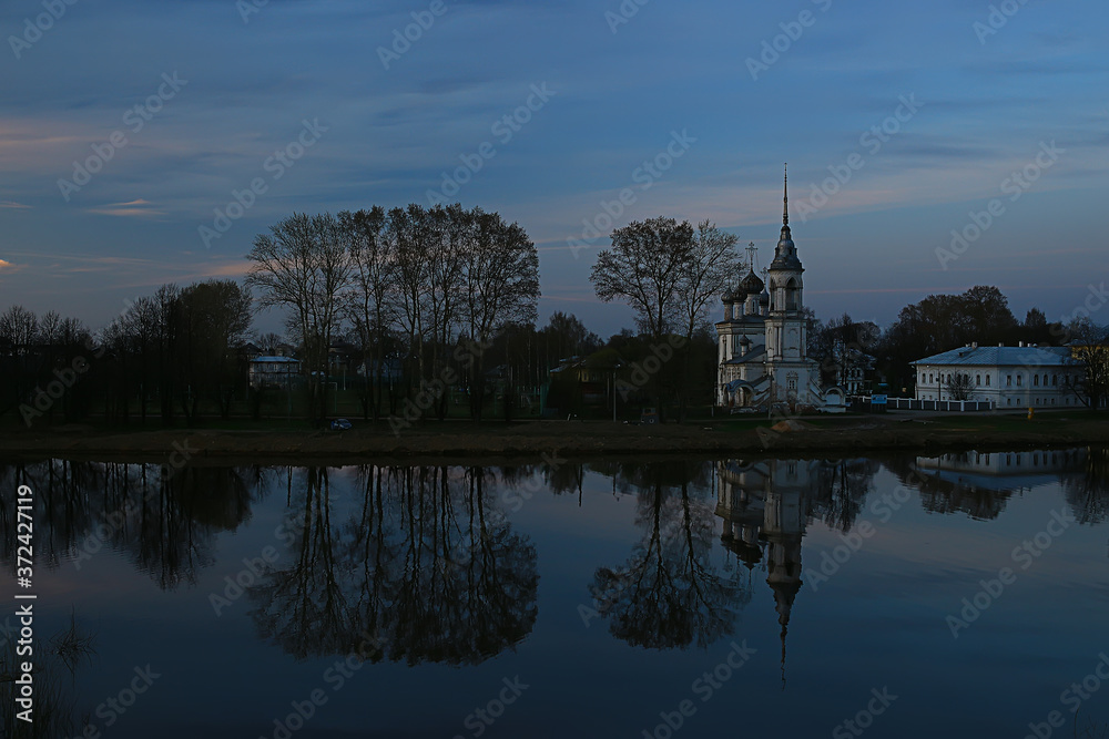 Vologda spring river church, landscape in Russia province city of Vologda