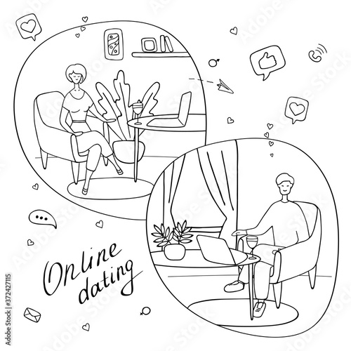Young man and woman talks online from their homes in different countries. Couple met on dating site. Online relationships, communication with foreigners, international marriages. Online dates concept