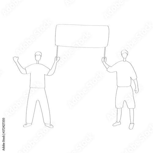 Young men hold placard during LGBTQ rights parade. Concept of diversity, tolerance and gender identity. Love parade. LGBT community. Human rights. Vector hand drawn illustration
