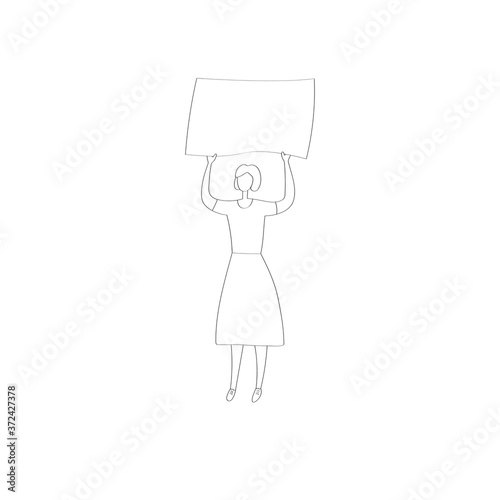 Young woman at picket. Ecoactivist holds poster at rally. People go to political demonstrations. Striking man. Hand drawn linear vector illustration
