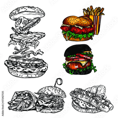 Vector illustrations in sketch style with detailed drawing of fast food, rolls and other food. High-quality detailed drawing of all elements.
