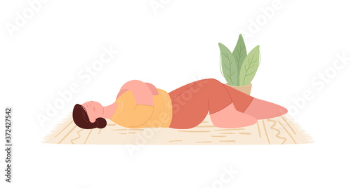 Young sad woman lying on the floor. Exhausted sick tired female hugs herself. Mental health problems and treatment of depression psychological help. Vector illustration in flat style. Relax concept